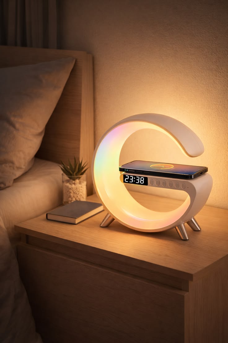 3-in-1 RGB LED Wireless Charging Speaker – Music Sync Ambient Light + Fast Qi Charger + Bluetooth Stereo Sound | Modern Bedside Lamp